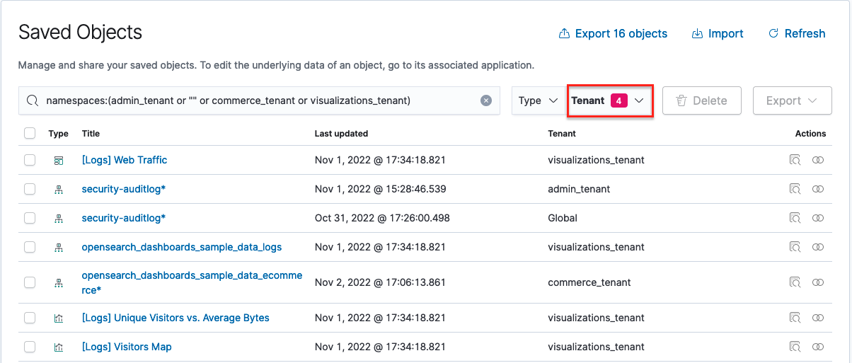 Dashboards Saved Objects tenant filtering