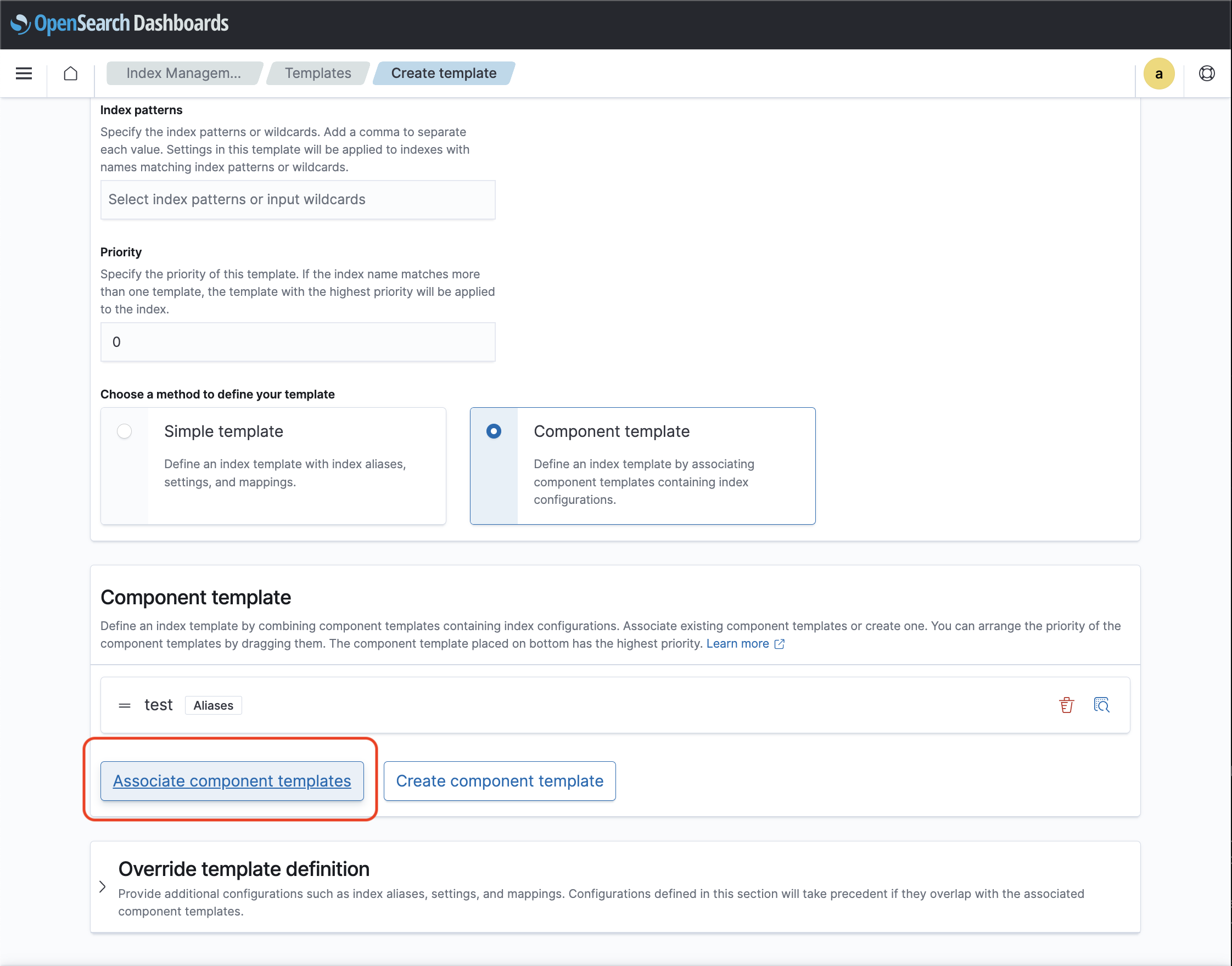 Component template associate configuration